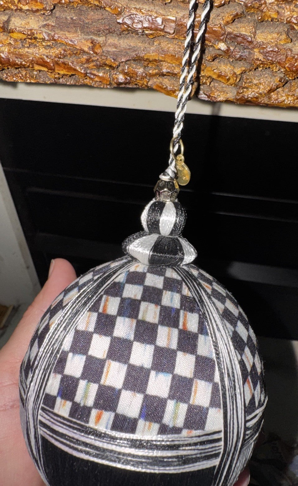 Mackenzie Childs COURTLY CHECK  BALL Fabric Covered ORNAMENT- New 4”x4”-set Of 2