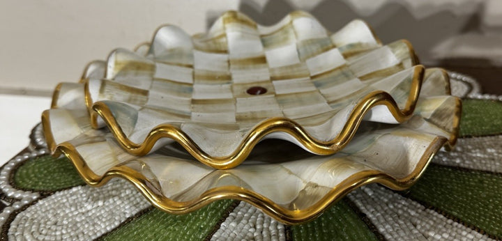 Mackenzie Childs Parchment Check Ceramic 7” Plate Fluted With Hole