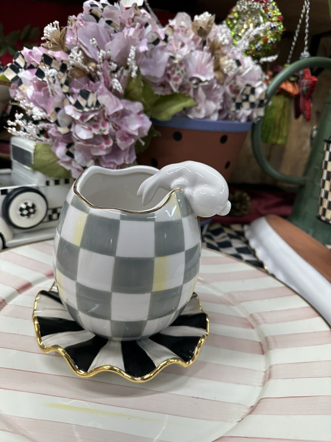 Mackenzie Childs Sterling CHECK Rabbit Looking Into Egg 9” Tall