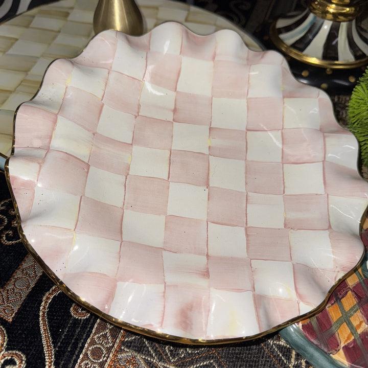 9” Mackenzie Childs Fluted Rosy CheckPink Salad Ceramic  With Gold