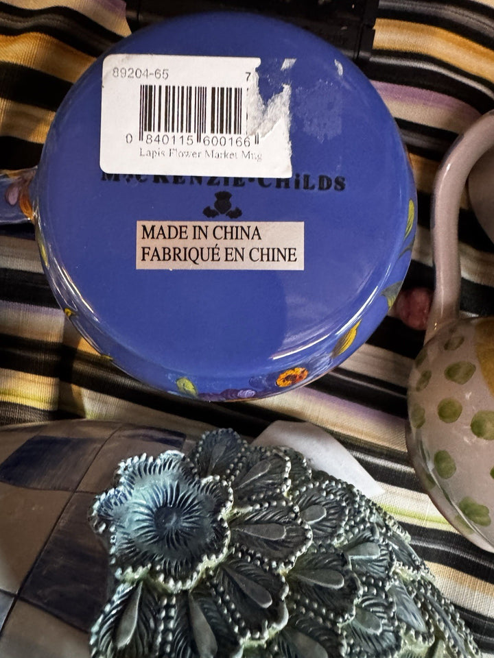 MacKenzie Childs Blue Lapis Flower Market Enamel 16 oz. Mug  NEW
