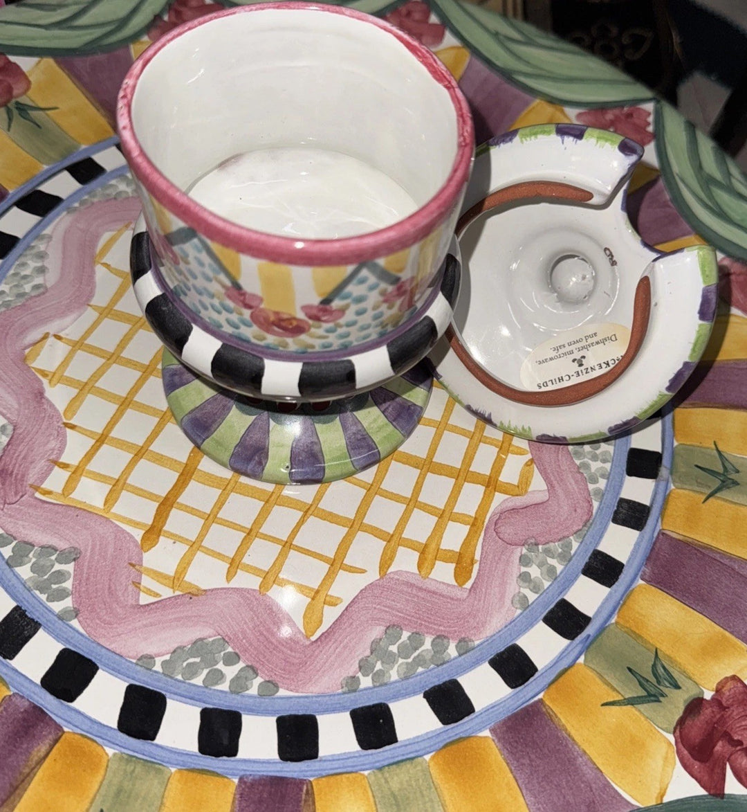 Retired Mackenzie Childs Taylor- Odd Fellows Ceramic Footed Jam Pot Brand 2010