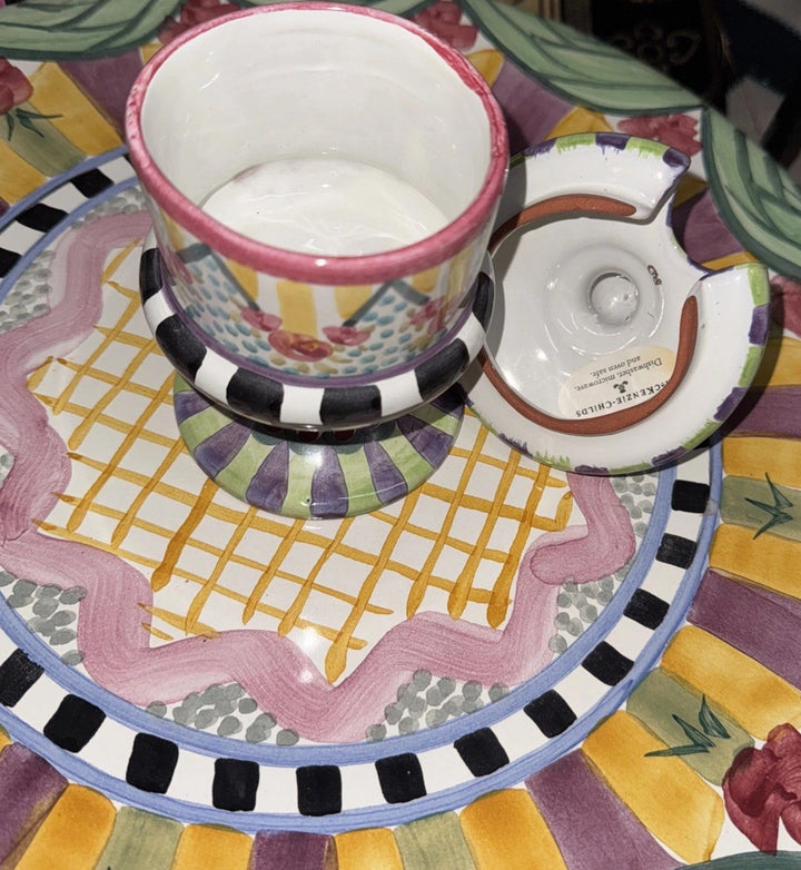 Retired Mackenzie Childs Taylor- Odd Fellows Ceramic Footed Jam Pot Brand 2010