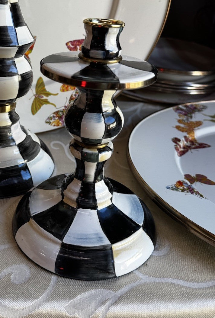Mackenzie Childs Courtly Check Enamel Candlestick 8" Tall - Black And White