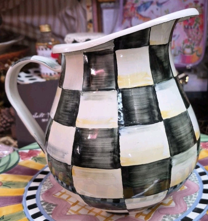 Mackenzie Childs Courtly Check Water Pitcher Enamelware Decor Black White 3 qt