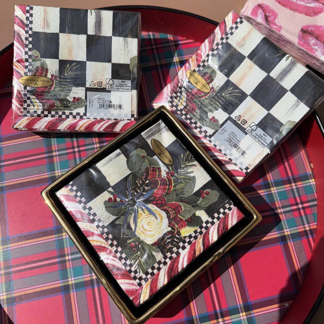 Mackenzie Childs Scottish Bouquet Holiday Cocktail Napkins 1 Pack 20 pack, NEW