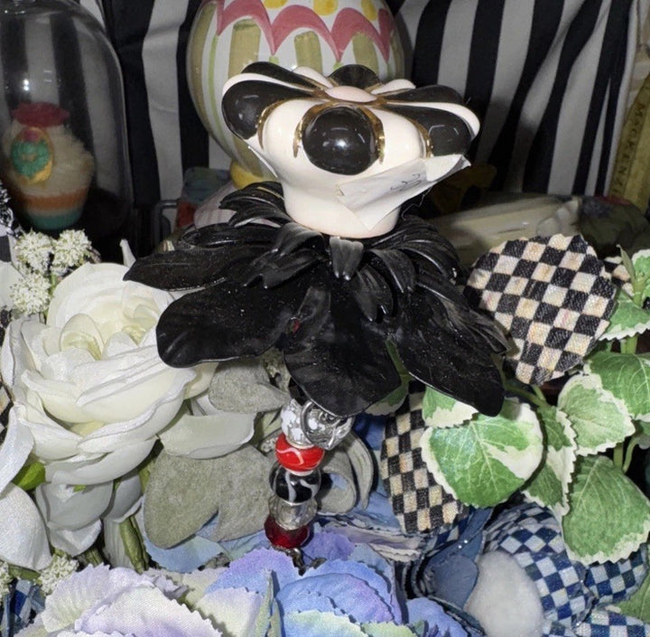 MacKenzie Childs-2” Black And White Flower Knob-on Metal Flower Beaded Stake