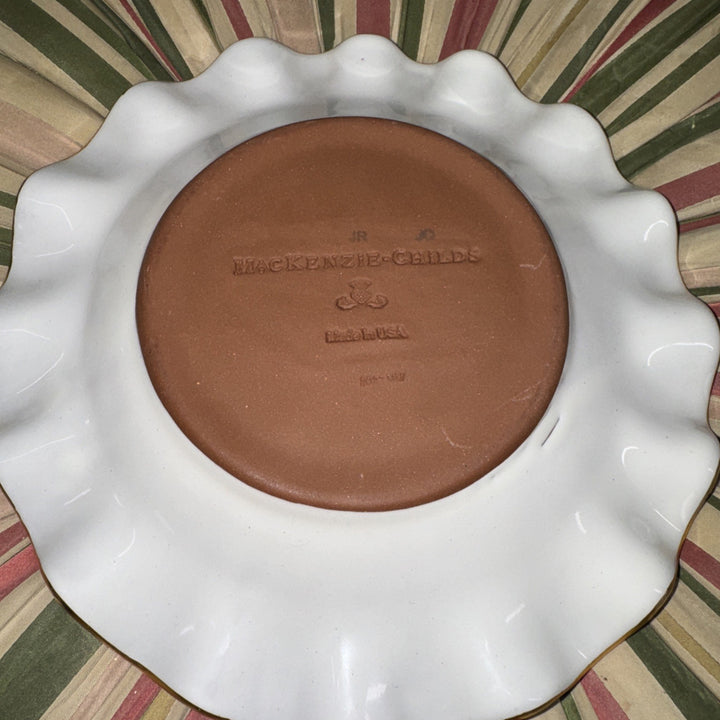 9” Mackenzie Childs   PARCHMENT CHECK CERAMIC FLUTED Gold Trim DESSERT PLATE- 1