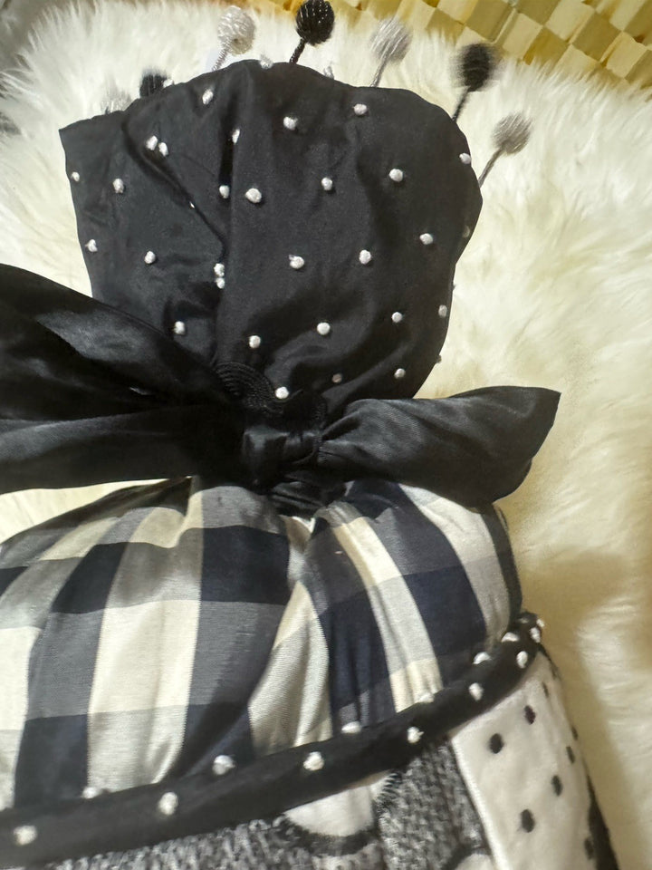 MacKenzie Childs Vintage Silk Large Bolster Pillow Black And Beige  Flower Read