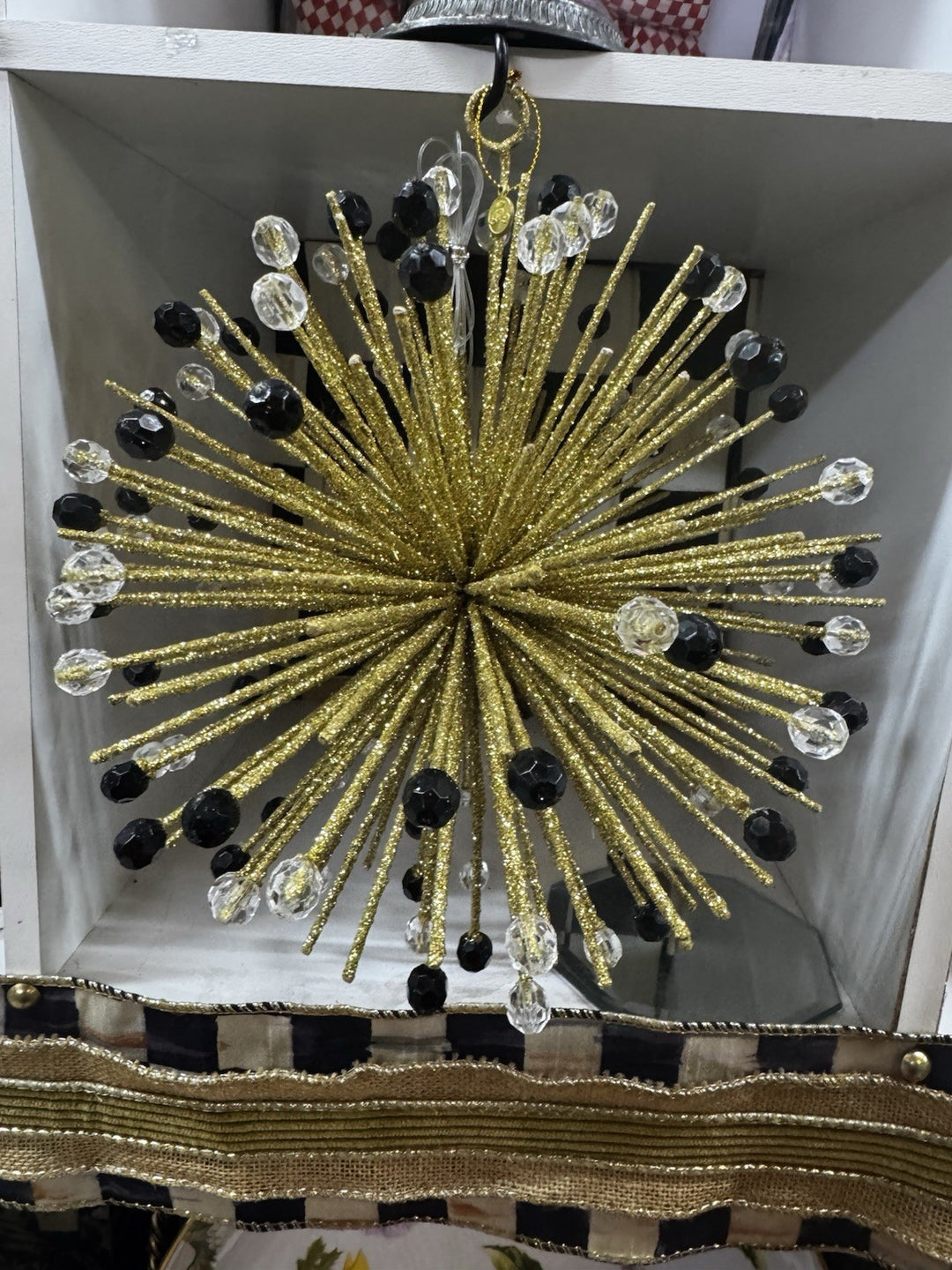 Mackenzie Childs Beaded Large Gold Orb Ornament, New 9” Round Hangs Retired