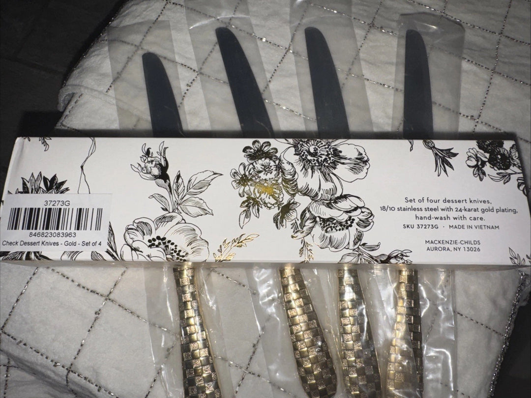 4 Pcs Mackenzie Childs Gold Plated Check Dessert Knife Set New In Box