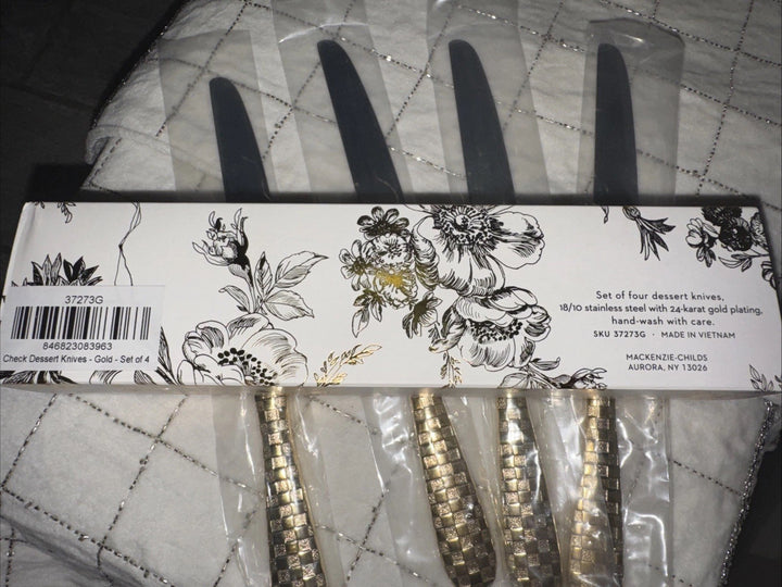 4 Pcs Mackenzie Childs Gold Plated Check Dessert Knife Set New In Box