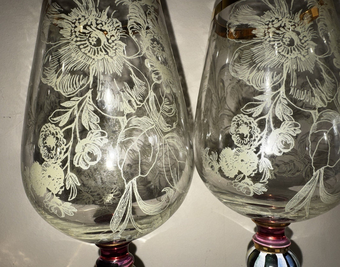 Set Of 2 MacKenzie Childs Blooming Wine Glasses Goblet Courtly Check Excellent