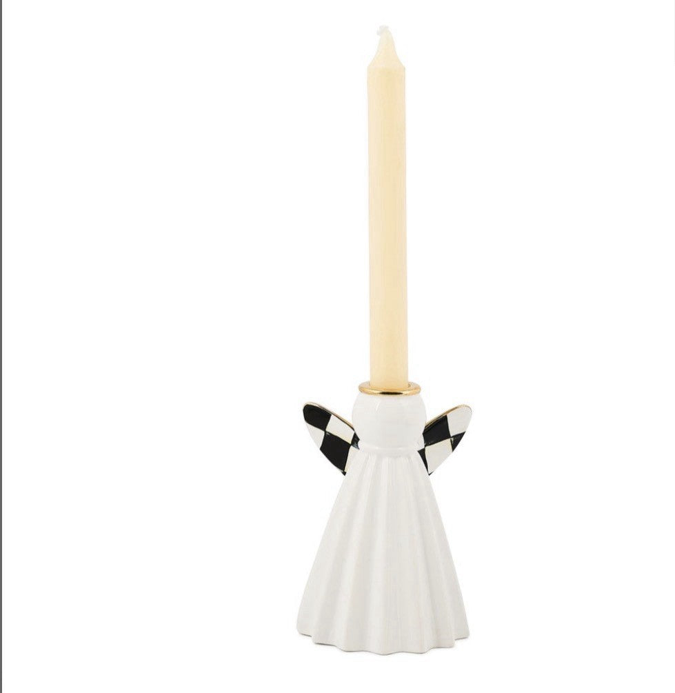 MacKenzie Childs courtly check 6” ceramic Angel Short Candlestick Holder-nib