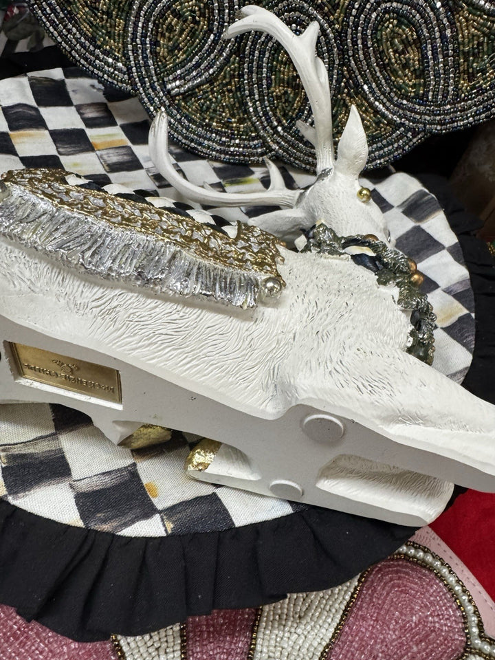 Mackenzie Childs Winter White Bow Tie Resting Deer Courtly Check