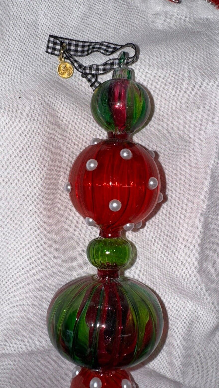 Mackenzie Childs Iridescent GLASS ICICLE  Red Green, Yellow Pearls Drop Ornament