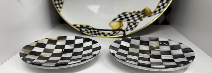 Mackenzie Childs Round Candle Holders Black & Pearlized  - Set Of 2- Retired