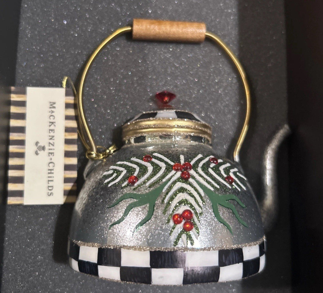 Mackenzie Childs Farmhouse Holiday Tea Kettle Ornament- Retired New In Box