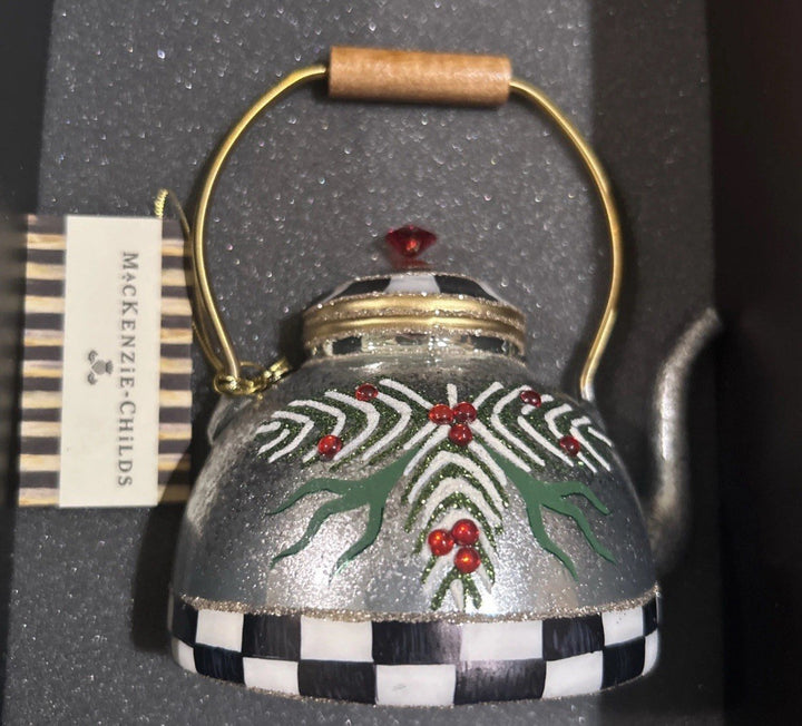Mackenzie Childs Farmhouse Holiday Tea Kettle Ornament- Retired New In Box