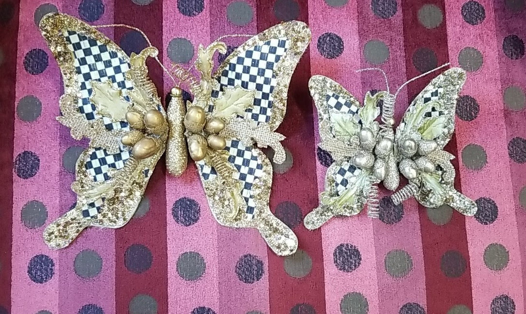 Mackenzie Childs Butterly Clips Set Of 2 Gold & Silver Courtly Check Retired