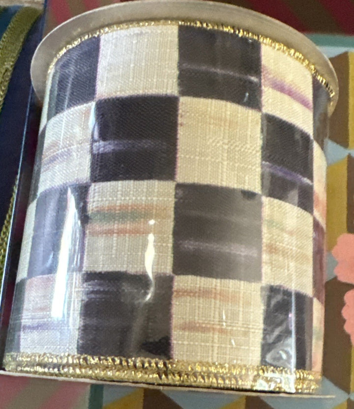 MacKenzie Childs Courtly Check 4" Wide Wired Gold Edge Ribbon  Gold Backing Roll