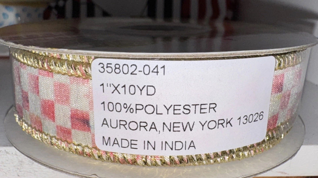 Mackenzie Childs 1" Rosy Check Gold Wired Ribbon NEW 10 Yards