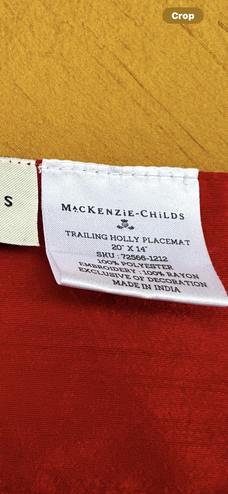 Retired Mackenzie Childs Embroidered Holiday Trailing Holly placemat 20”x14”