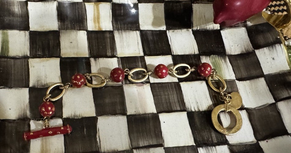Mackenzie Childs Red Polka Dot Enamel Toggle Charm Bracelet- 8" inch Retired