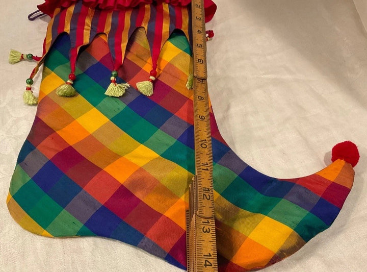 MacKenzie Childs Jester Christmas Stocking SILK GREEN TASSELS RED YELLOW GREEN