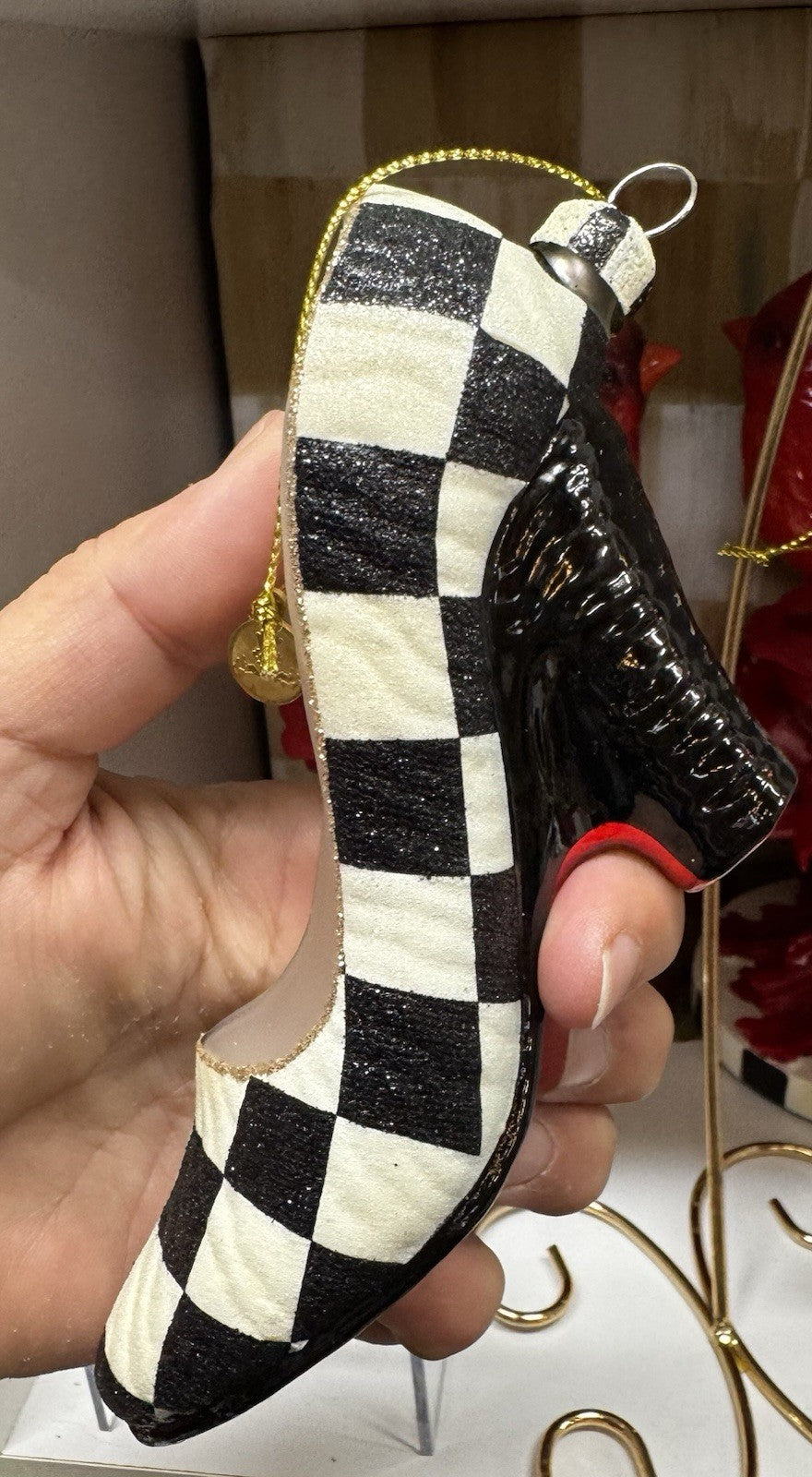 MacKenzie Childs Courtly Check High Heel Shoe Glass Christmas Tree Ornament