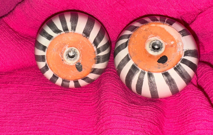 Mackenzie Childs Set Of 2 Pink And Yellow Check Cabinet Knobs / Pulls Retired