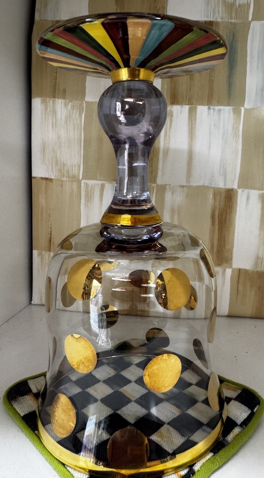 Mackenzie Childs foxtrot water goblet new retired pattern- Gold Dots And Rainbow