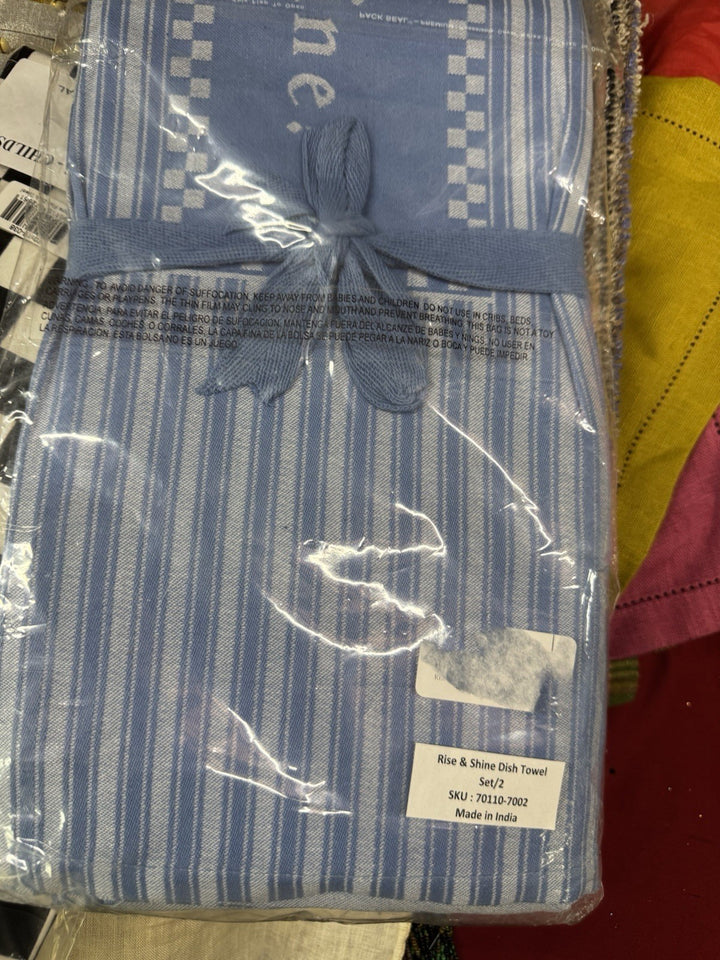 Mackenzie Childs Rise & Shine Blue Check Dish Towels Set Of 2 New In Bag