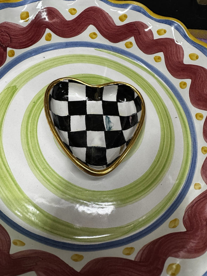 MacKenzie Childs Courtly Check 3.5” Heart  Small Trinket Bowl -made In Aurora