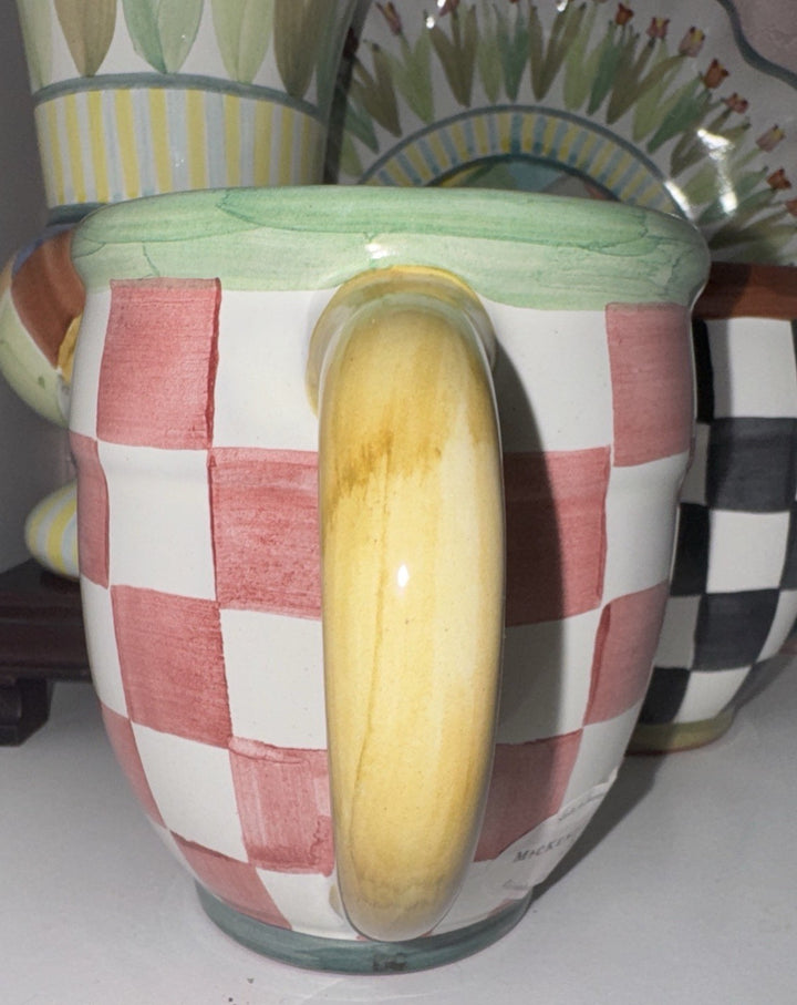 Mackenzie Childs Check Mate  Mug Pink Rosy Check Hand Painted Majolica NWT