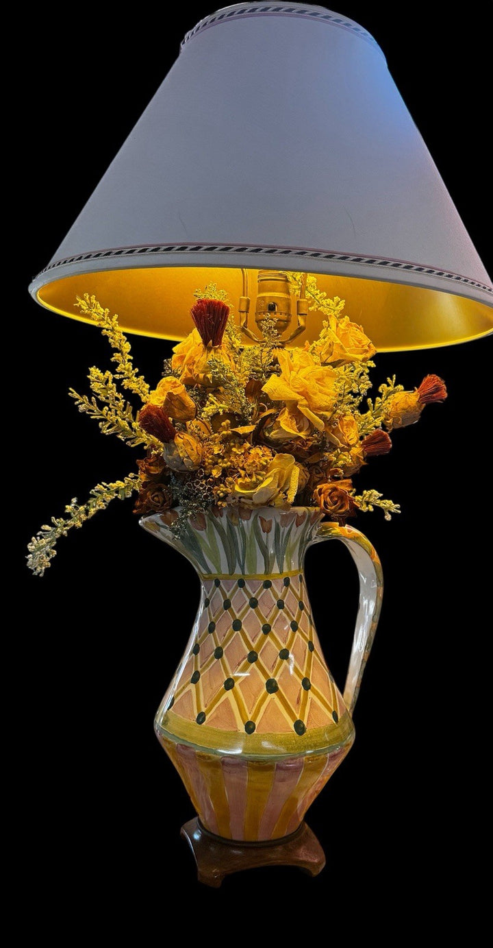 Mackenzie Childs  Sherwood Garden Pitcher Lamp With Dried Flowers 31” Tall