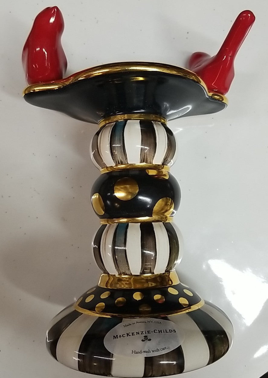 MacKenzie Childs Courtly Stripe Birds  Candlestick -new Ceramic