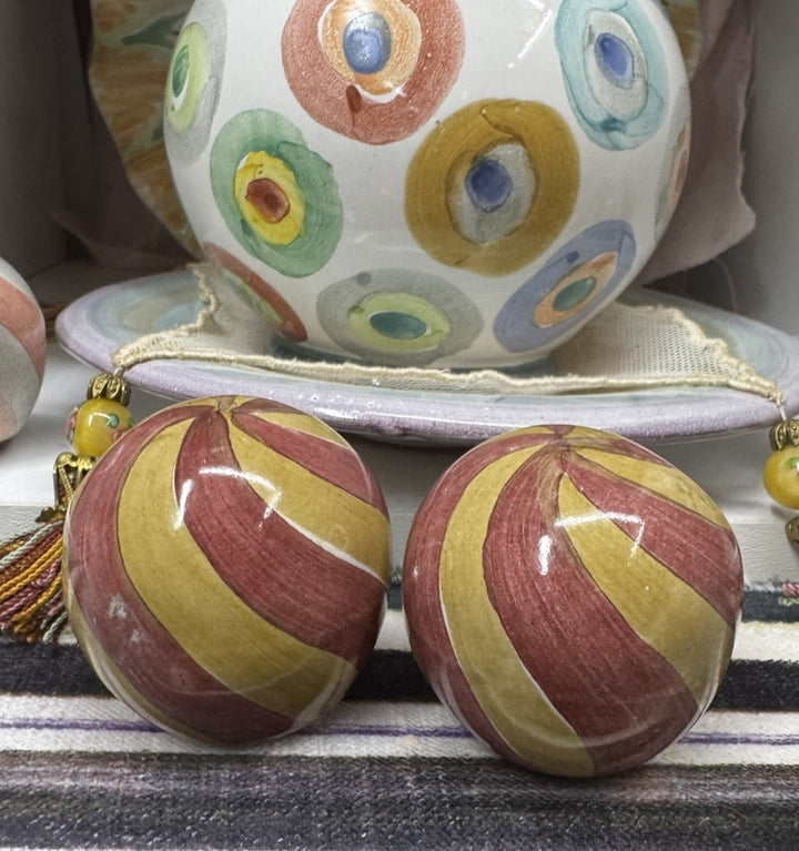Mackenzie Childs Set Of 2 Frank & Mustard Swirl Knobs / Pulls Ceramic W Hardware
