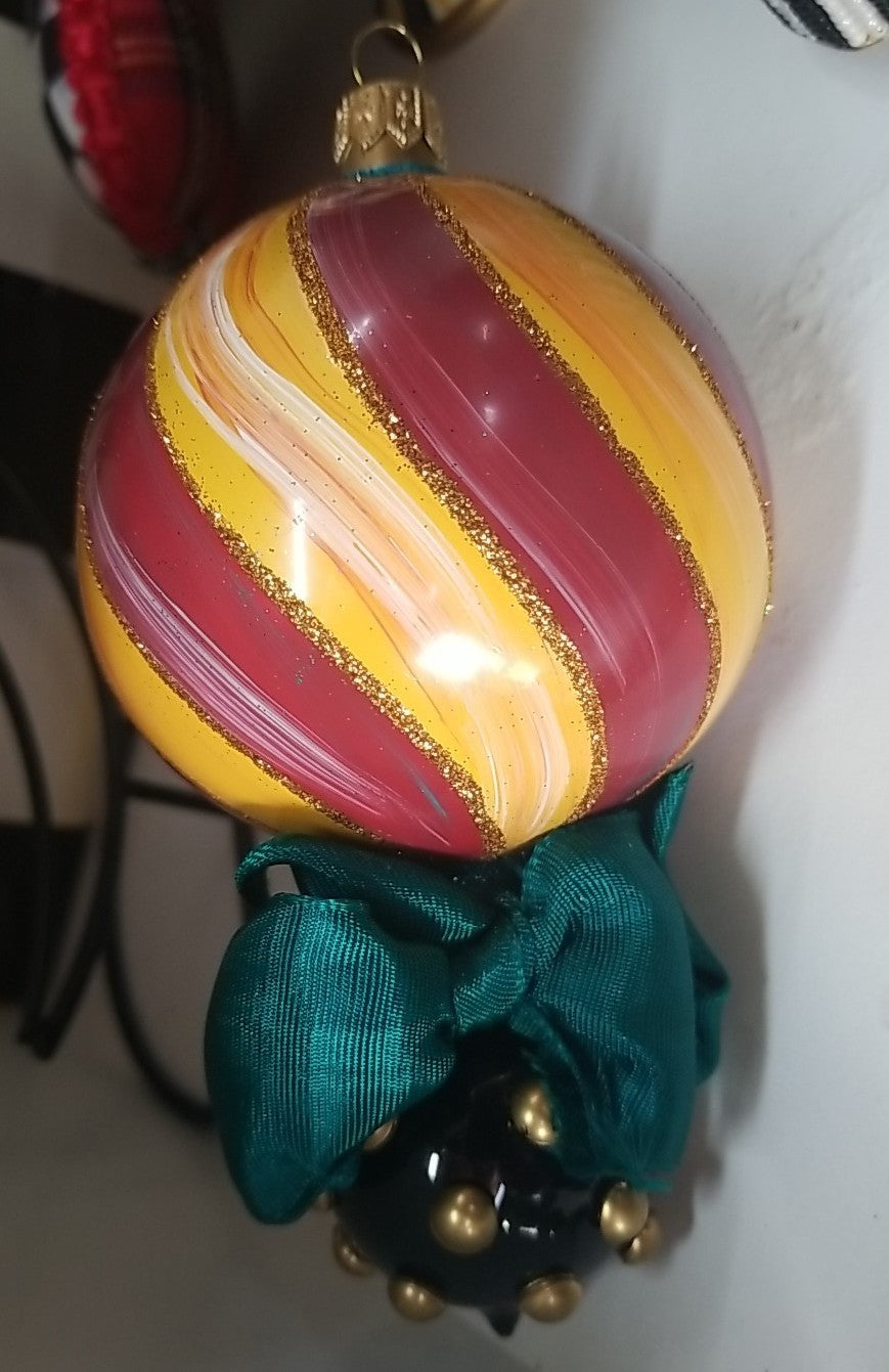 MacKenzie Childs Frank And Mustard  Striped Double Drop Glass Ornament