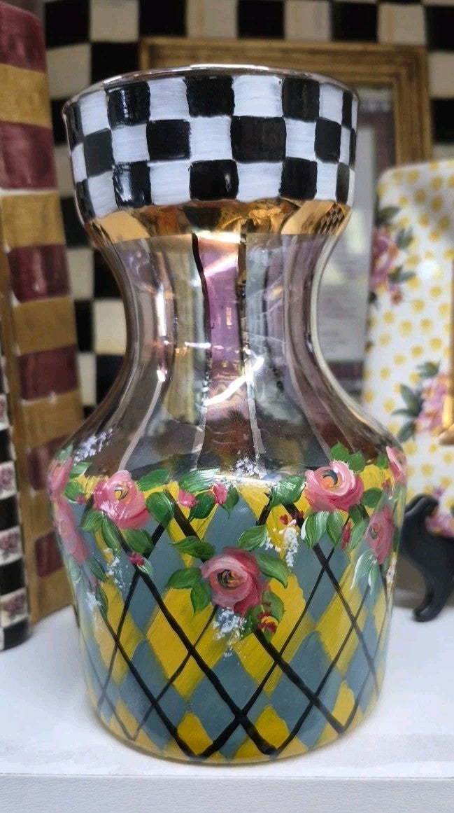 Vintage  Mackenzie Childs Courtly Check Tartan Glass  Circus Carafe W/wooden Lid