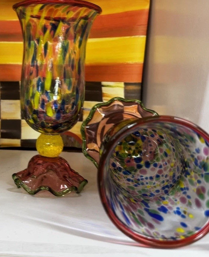 MacKenzie Childs 1 Molten Confetti  Dessert Glass  With Fluted Base 5.5”