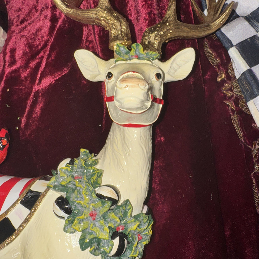 MacKenzie Childs Peppermint Standing Reindeer  11.5" x 4.5" With Cardinal-new