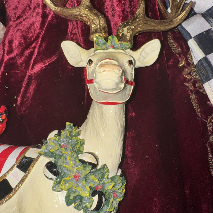MacKenzie Childs Peppermint Standing Reindeer  11.5" x 4.5" With Cardinal-new