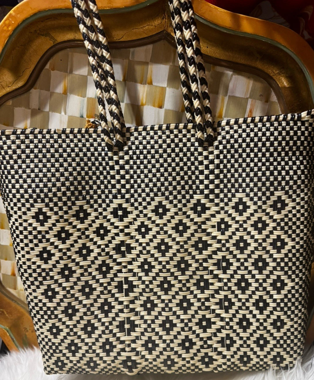 MacKenzie-Childs Courtyard Tote Mackenzie Retired – Black And Beige