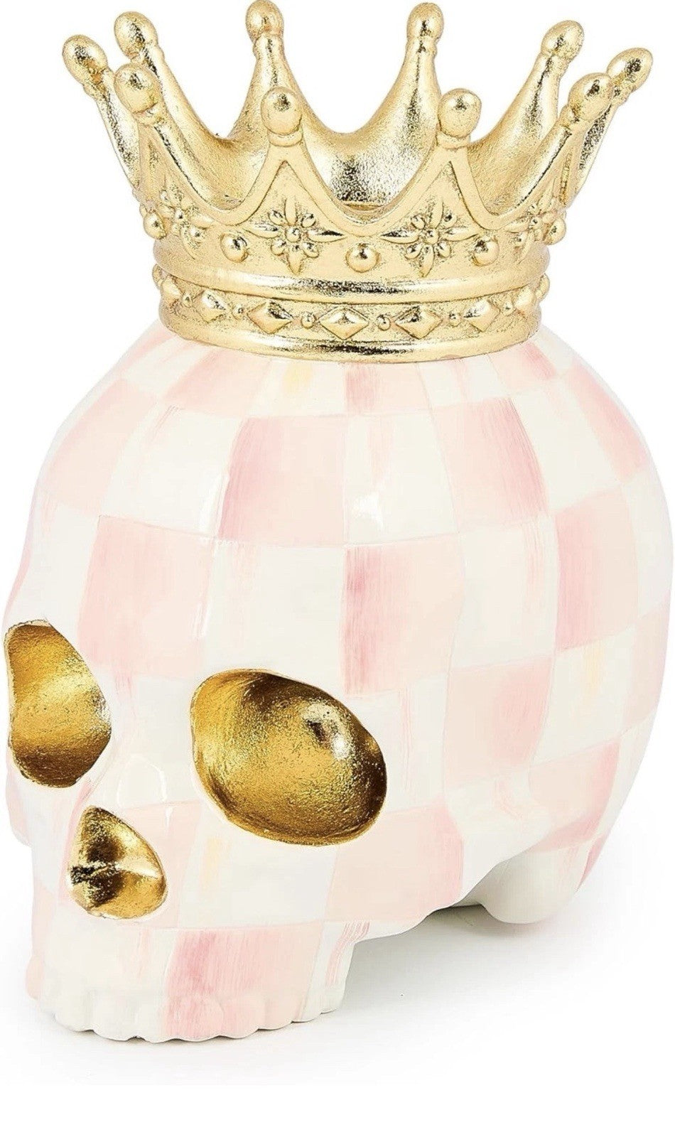 Crowned Skull, Resin Halloween Home Decor, Pink-and-White Rosy Check