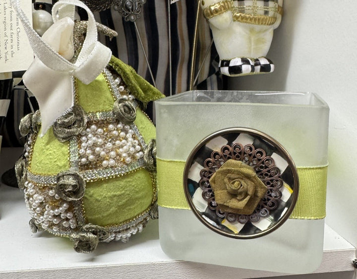 MacKenzie Childs Frosted  Glass Candle Holder Square  & Pear Compliment Set