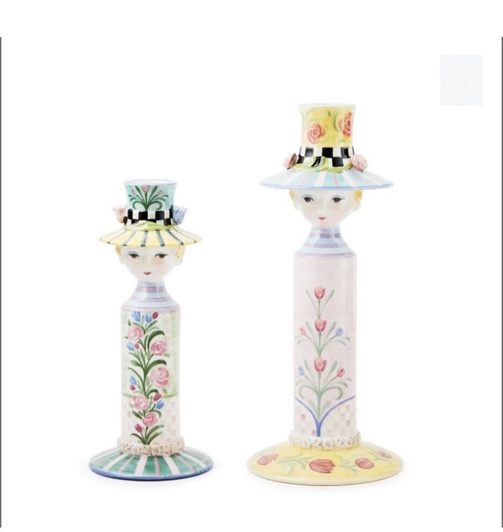 SET OF 2 MACKENZIE CHILDS ROSY MEADOW LADY CANDLEHOLDERS "NEW" Retired