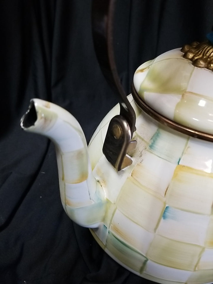 Mackenzie Childs Enamel Parchment Check  2 Quart Tea Pot / Kettle RETIRED