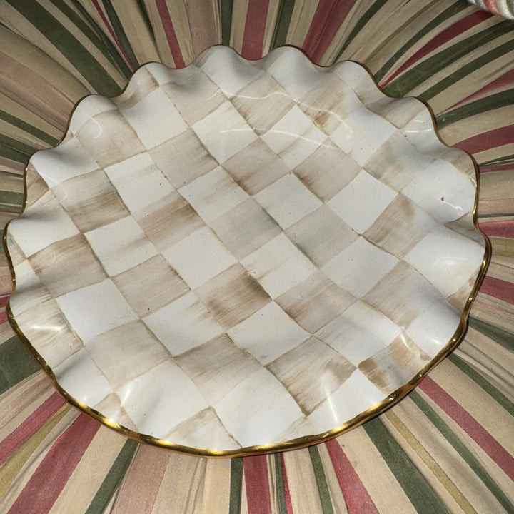 9” Mackenzie Childs   PARCHMENT CHECK CERAMIC FLUTED Gold Trim DESSERT PLATE- 1