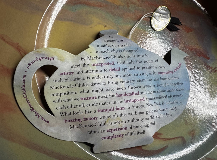 MacKenzie Childs Teapot with Tea Bag Shaped Promotional Paper Beared Iris